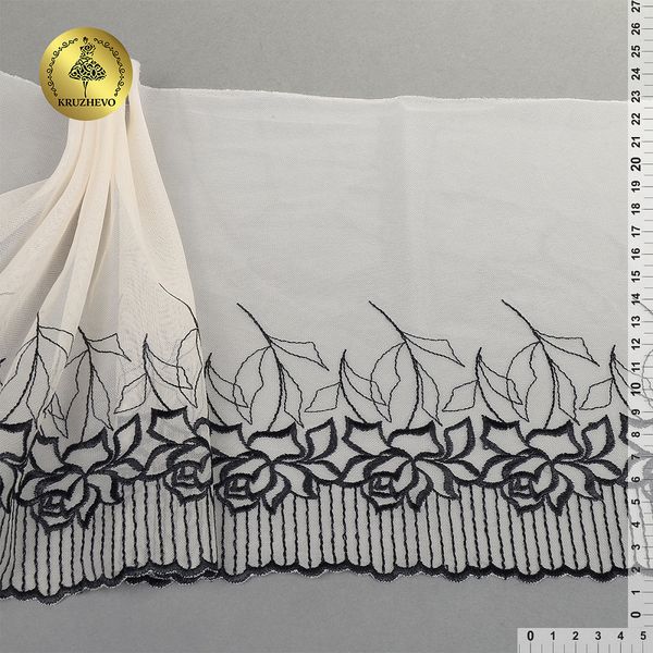 Кружево на сетке (вышитое) арт.T100 220мм цв.телесный+черный, левая уп.4,3м, Kruzhevo