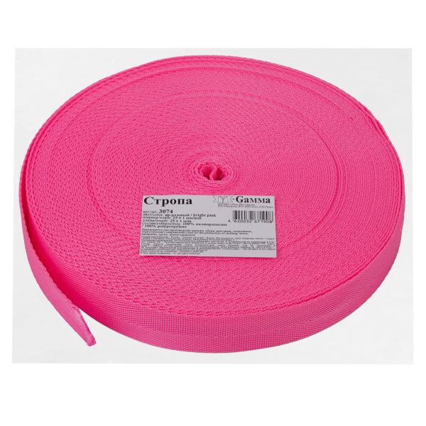 Стропа (ременная лента) 25 мм / 25 метров, толщ. 0.91 мм, [14.4 г/пог.м], 100% п/п, яр.розовый, Gamma 3074