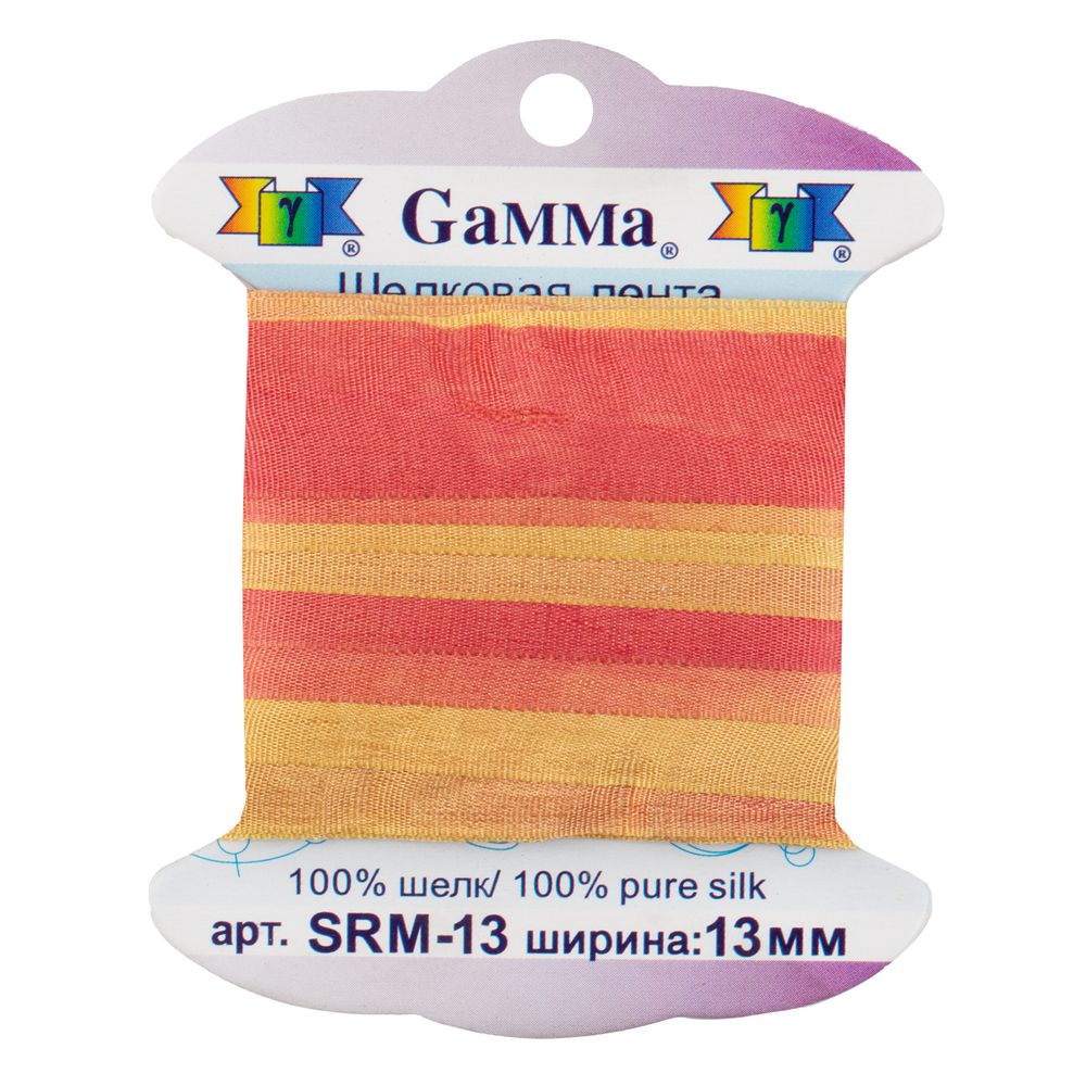 Лента (тесьма) шелковая 13.0 мм / 9.1±0.5 метров, M127 желтый/коралловый, Gamma SRM-13