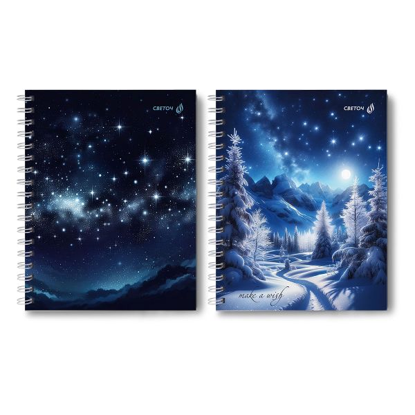 Тетрадь общая с твердой обложкой, матовая ламинация A5 80 л. на гребне 65 г/м², белизна 100% 4 шт клетка, 01562 Звёздная ночь, Светоч Т214