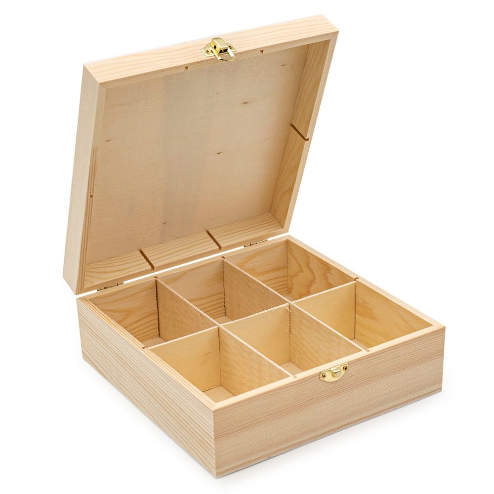 Заготовка для декорирования Шкатулка деревянная с шестью отсеками, сосна/фанера из тополя, 21.5х21.5х8.5см