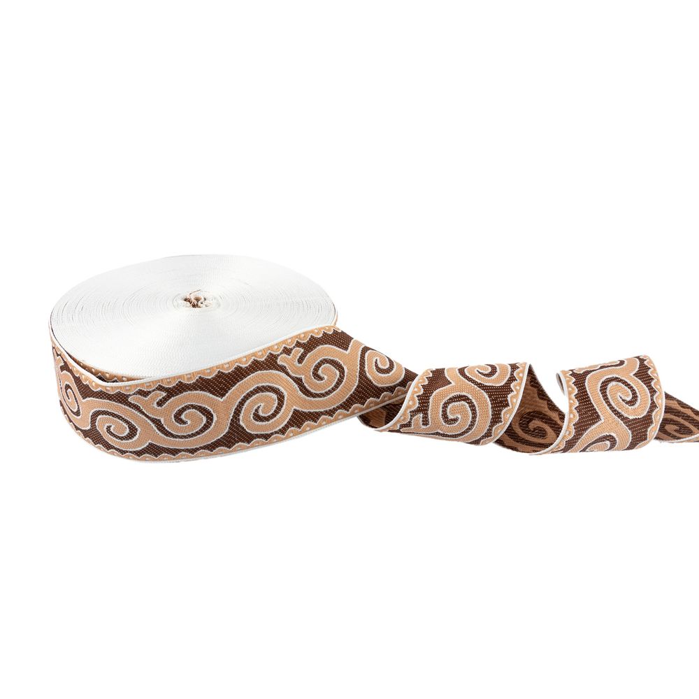 Лента (тесьма) жаккардовая 50.0 мм, / 25 метров, Орнамент для северных народов, рис 9605 белый/ч.роза/коричневый, Gamma С3775