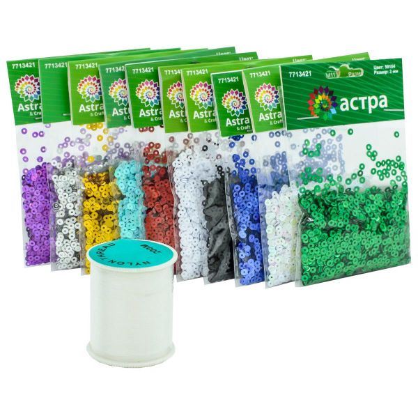 Пайетки в наборе цветные 3 мм, 10 цветов по 10гр, Астра + мононить в подарок