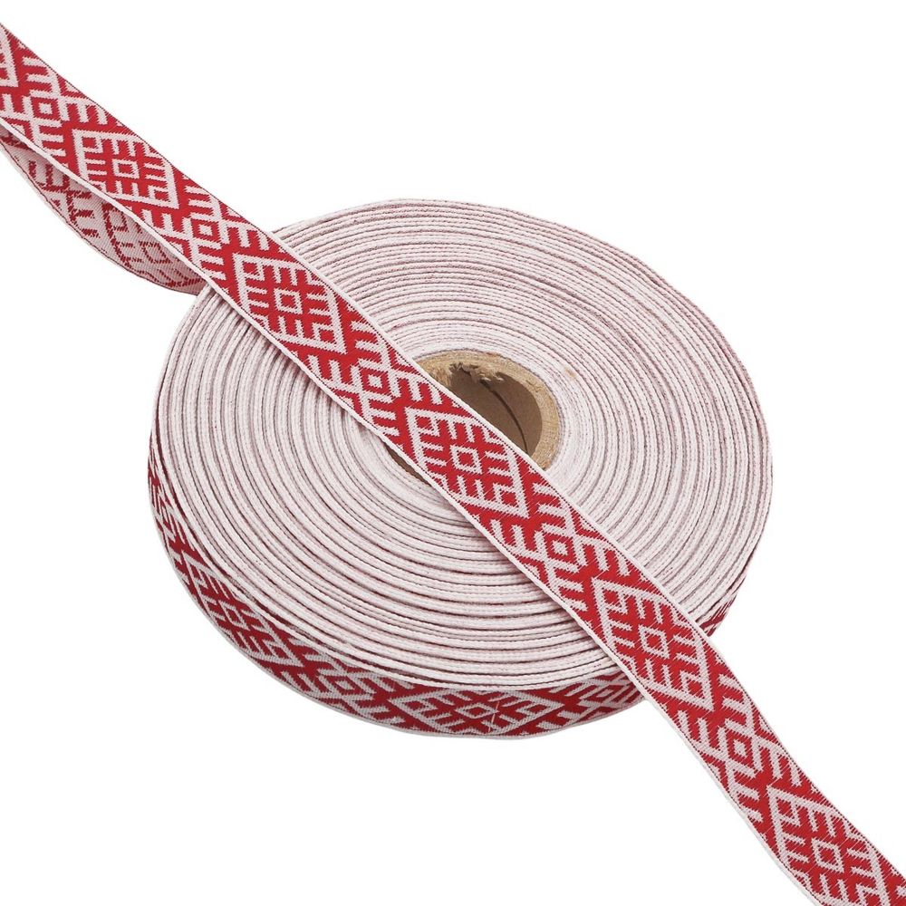 Лента (тесьма) жаккардовая 18.0 мм / 25±1 метров, Славянский орнамент Оберег, рис.9227 (4 белый/красный/белый) С3771Г17