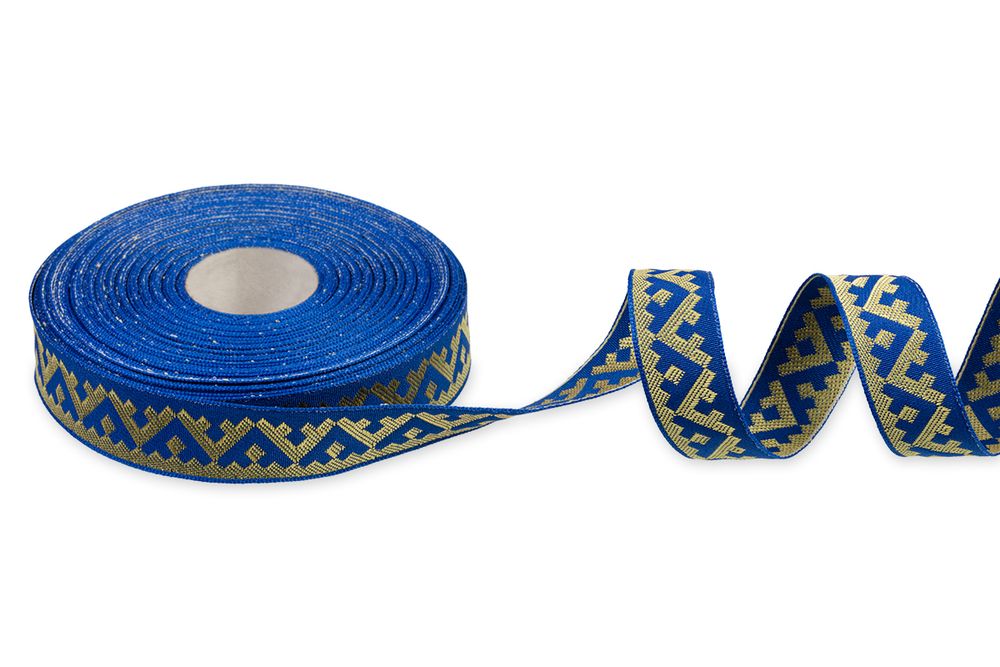 Лента (тесьма) жаккардовая 24.0 мм / 25±1 метров, Орнамент северных народов рис 8621сине-желтый (12), Gamma С3772