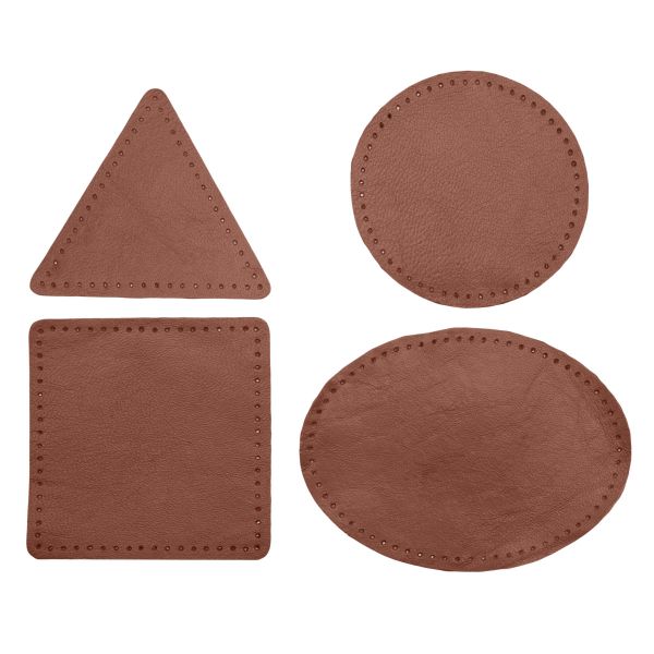 Набор заплаток пришивных из кожи, круг, квадрат, треугольник, овал 8см, с перфорацией, 4 шт (02 светло-коричневый), 9743
