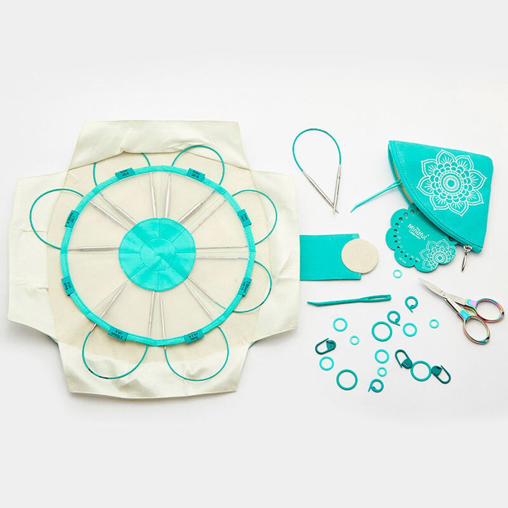 Набор круговых спиц Knit Pro Mindful Explore (Исследовать) нержавеющая сталь, пластик, серебристый, бирюзовый, 8 видов спиц в наборе, 36320