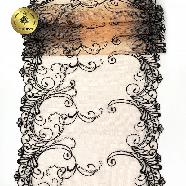 Кружево на сетке (вышитое) арт.T104 220мм цв.черный+телесный, правая уп.6,5м, Kruzhevo