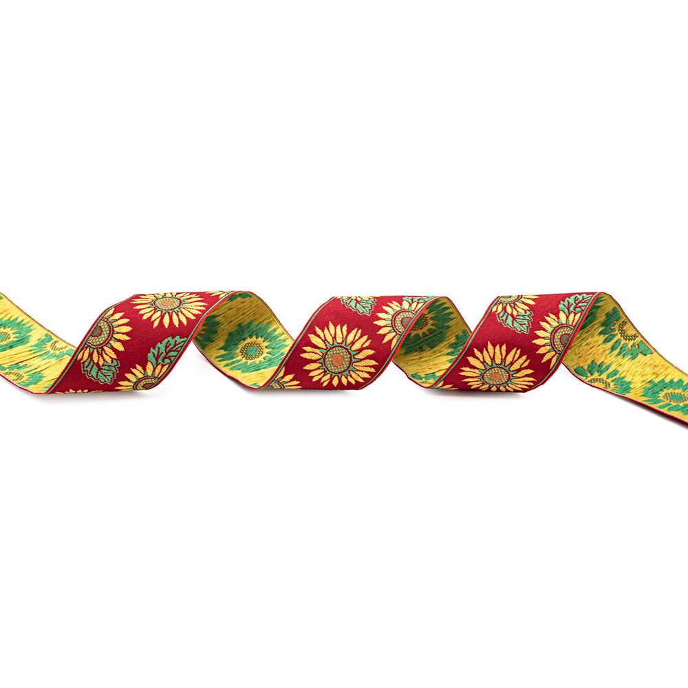 Лента (тесьма) жаккардовая 50.0 мм / 25±1 метров, рис. 8890 Подсолнухи, (1 красный) С3379Г17