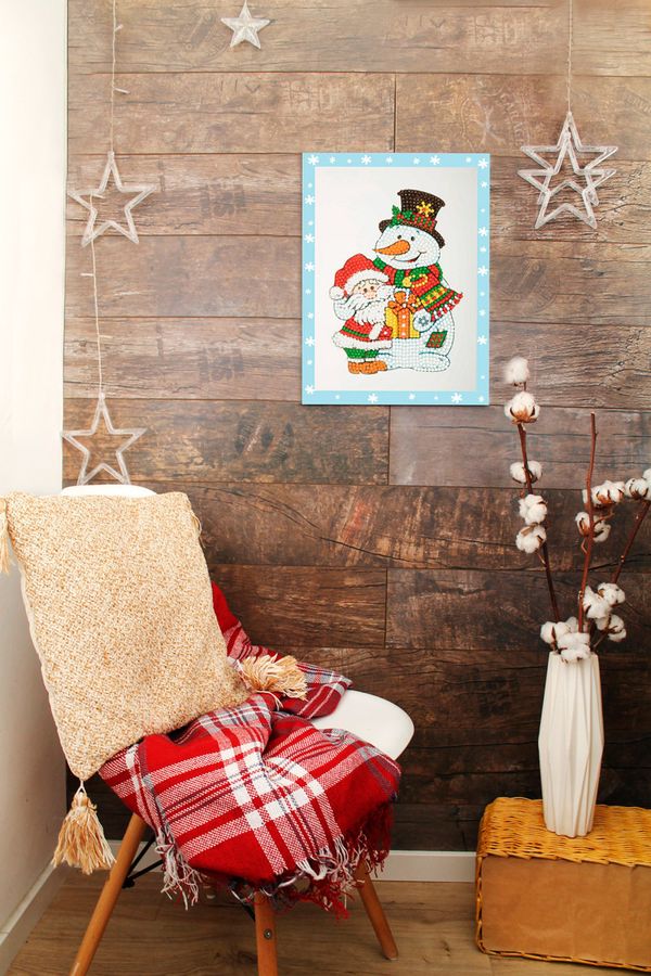 Алмазная (кристальная) мозаика Фрея, Дед мороз и Снеговик, 14х19.5 см