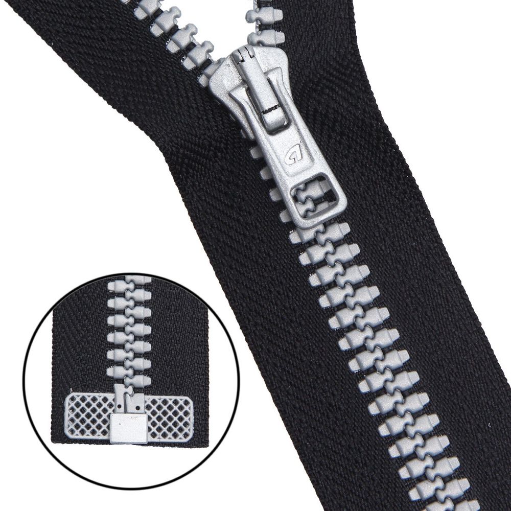 Молния трактор Arta Т5 (5 мм) 1 зам., разъем., 80 см, Decor, разъем., цв. 2076 -F цв. 077 черный / 991 алюминий, уп.5 шт