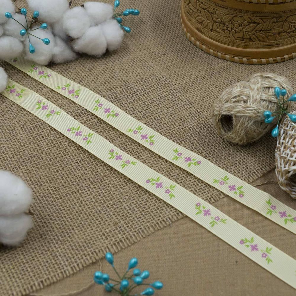 Лента репсовая (в рубчик) Веточки, 15 мм, 3м, бежевый