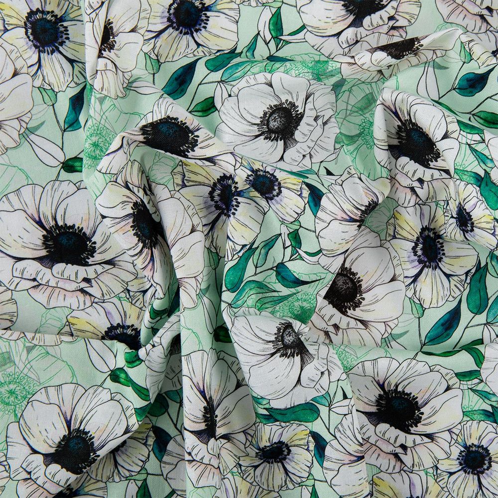 Ткань для пэчворка Peppy Цветущие анемоны 50х55 см, 140±5 г/м², ЦА-02 зеленый