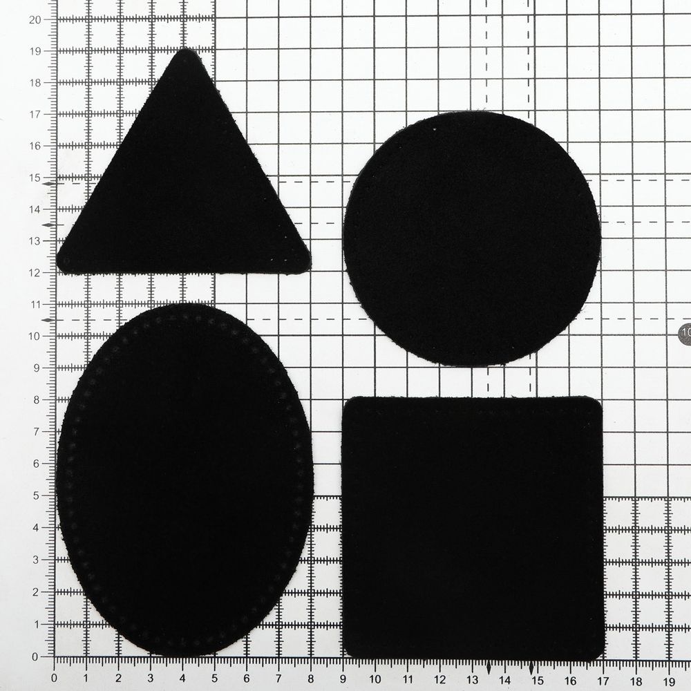Набор заплаток пришивных из замши, круг, квадрат, треугольник, овал 8см, с перфорацией, 4 шт (20 черный), 59743