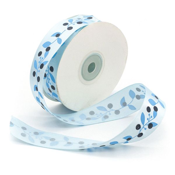 Лента атласная с рисунком 25.0 мм / 22.5±1 метров, Ягодная ветвь, голубой, Globus