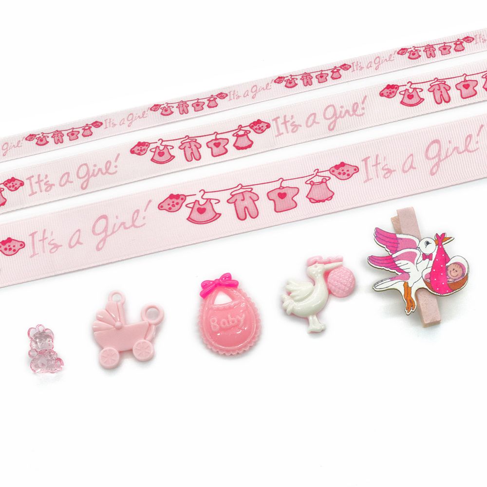 Набор декоративных элементов Малышка-its a girl (16 элементов+ленты 3шт*1м) цв. розовый, 29505