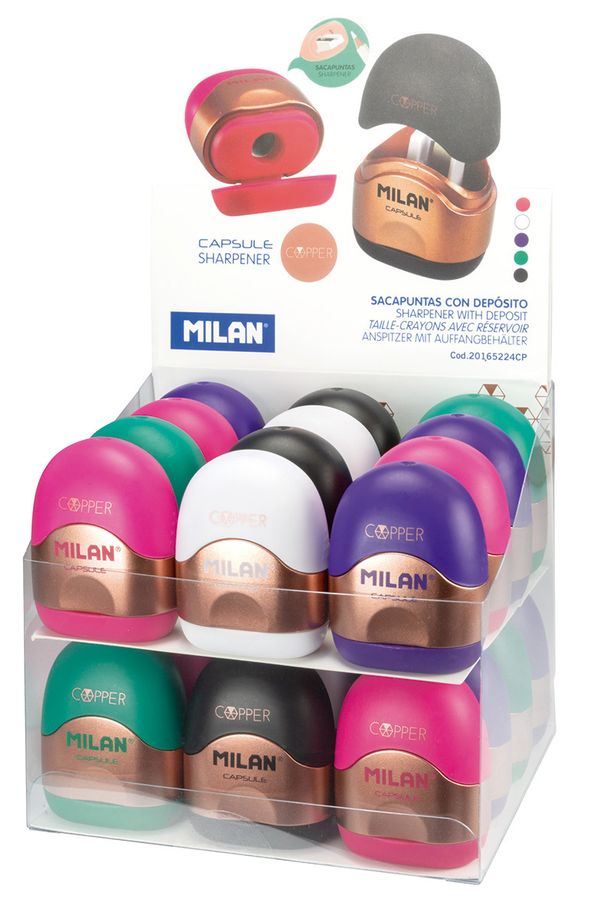 Точилка пластиковая Capsule Cooper 1 отверстие 24 шт, ассорти 20165224CP, Milan
