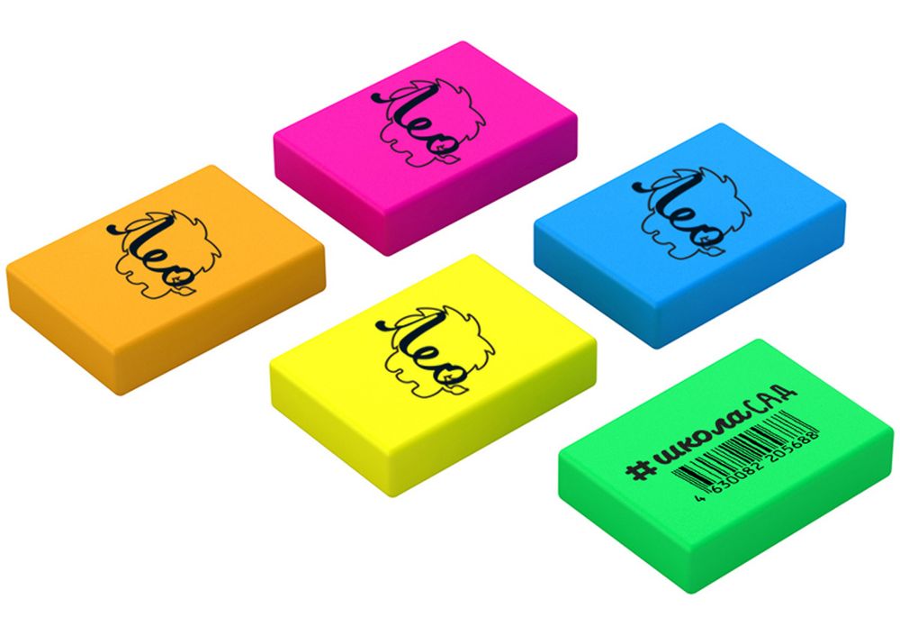 Ластик прямоугольный ассорти, 5 цветов, термопластичная резина, LLS-01 35х25х8 мм, 45 шт, шоу-бокс, Лео LLS-01