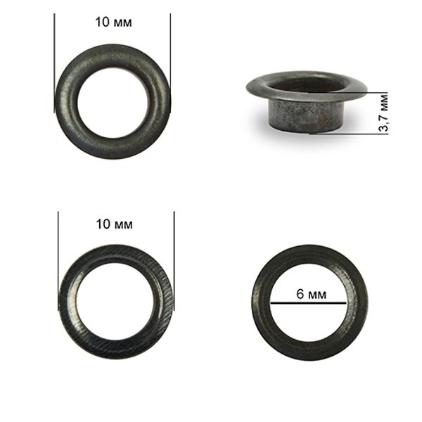 Люверсы металл ⌀_6.0 мм (внутр.), внешн. ⌀10.0 мм (внутр.), h3.7 мм (внутр.), №4, сталь, цв. оксид, 1000 шт, TBY