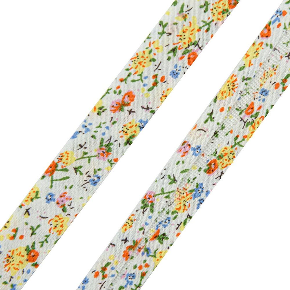 Косая бейка хлопковая с рисунком Цветы 15 мм / 5 метров, FBF41 желтый