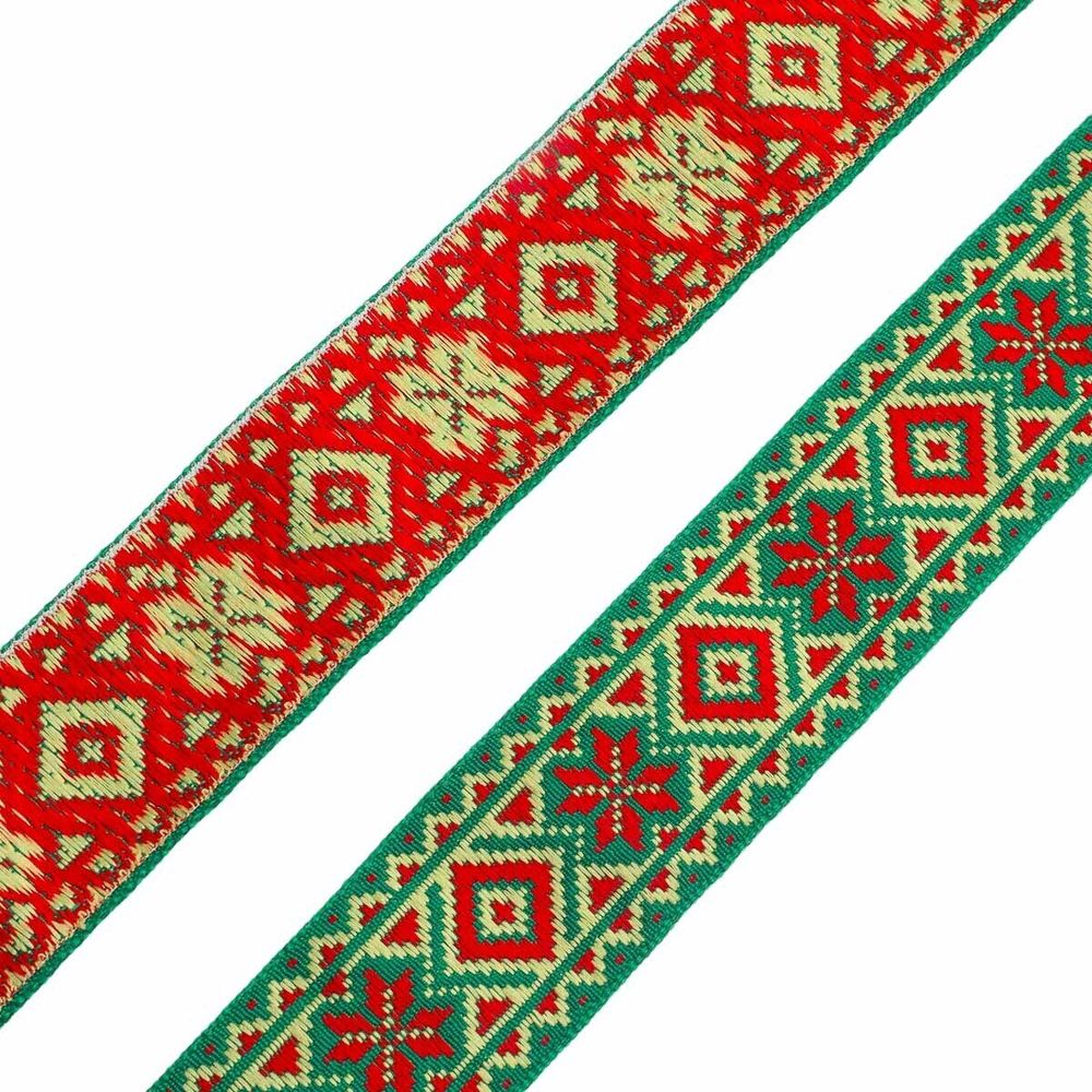 Лента (тесьма) жаккардовая 32.0 мм / 25±1 метров, рис. 9472, (зеленый/красный/желтый) С1853Г17