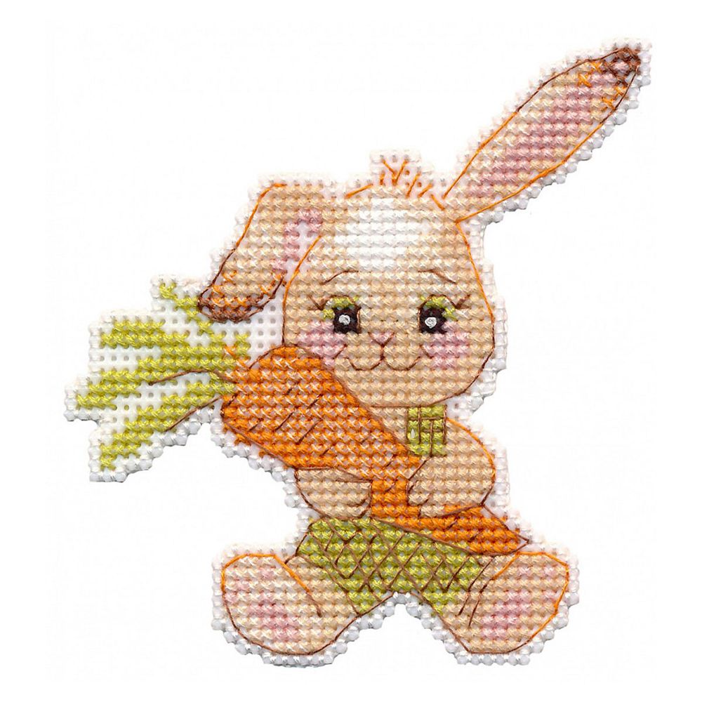 Набор для вышивания нитками Овен, магнит на пластиковой канве Зайка с морковкой 8.8х9.5 см