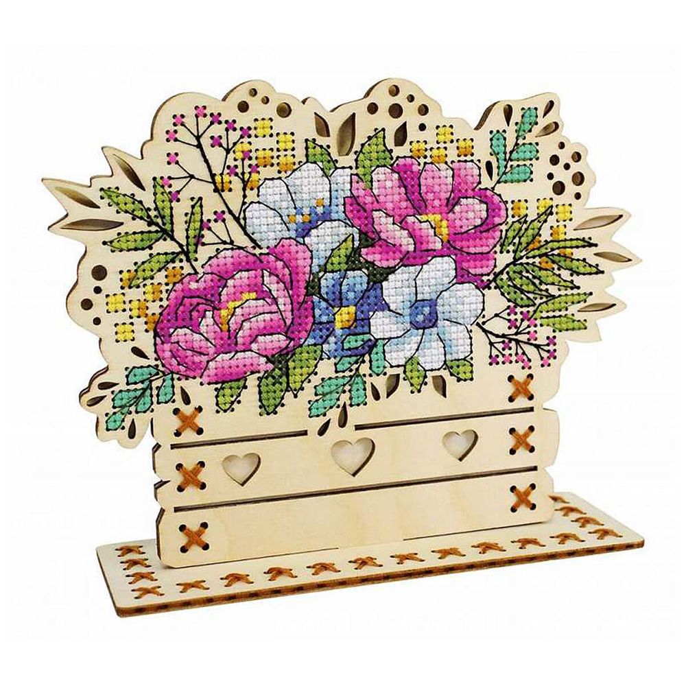Набор для вышивания нитками МП Студия, на дереве Цветочная композиция 14х17см