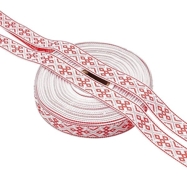 Лента (тесьма) жаккардовая 18.0 мм / 25±1 метров, Славянский орнамент Оберег, рис. 9536, белый/красный, С3771Г17