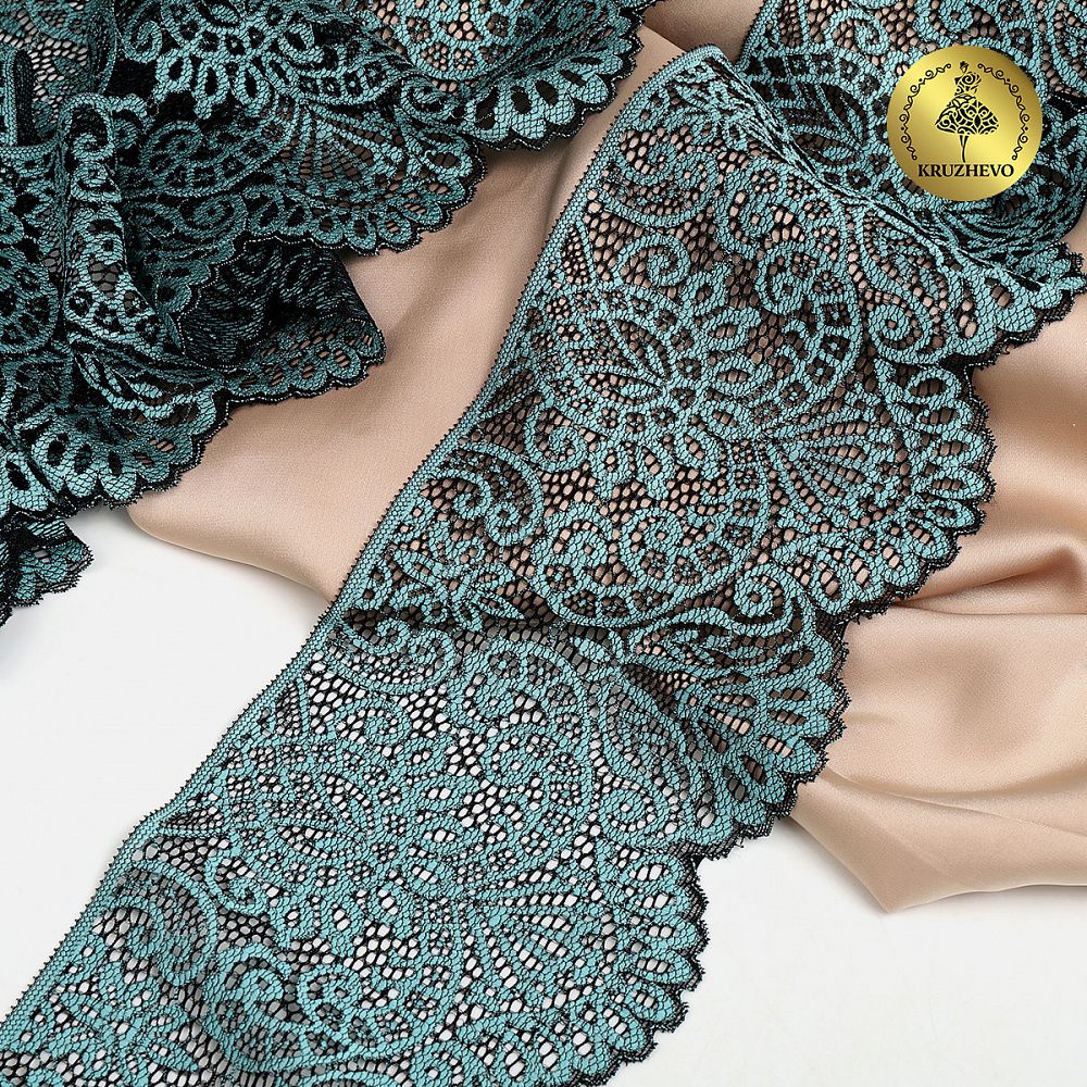 Кружево эластичное (стрейч) 110 мм, 40992PP цв.т.зеленый+св.зеленый, 3 метра, Kruzhevo