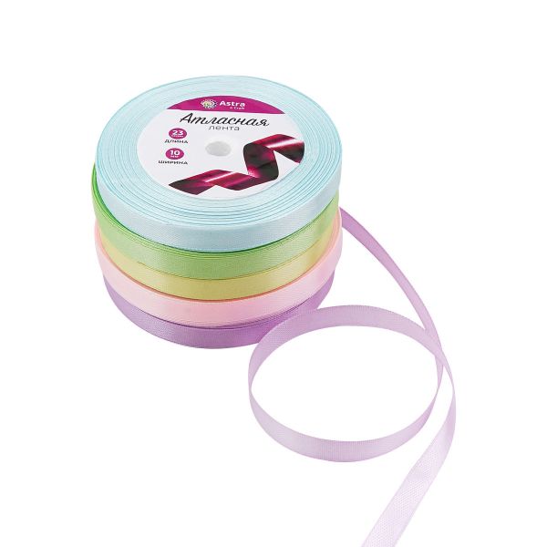 Набор атласных лент 5 цветов по 10.0 мм / 23 метра, пастельный микс