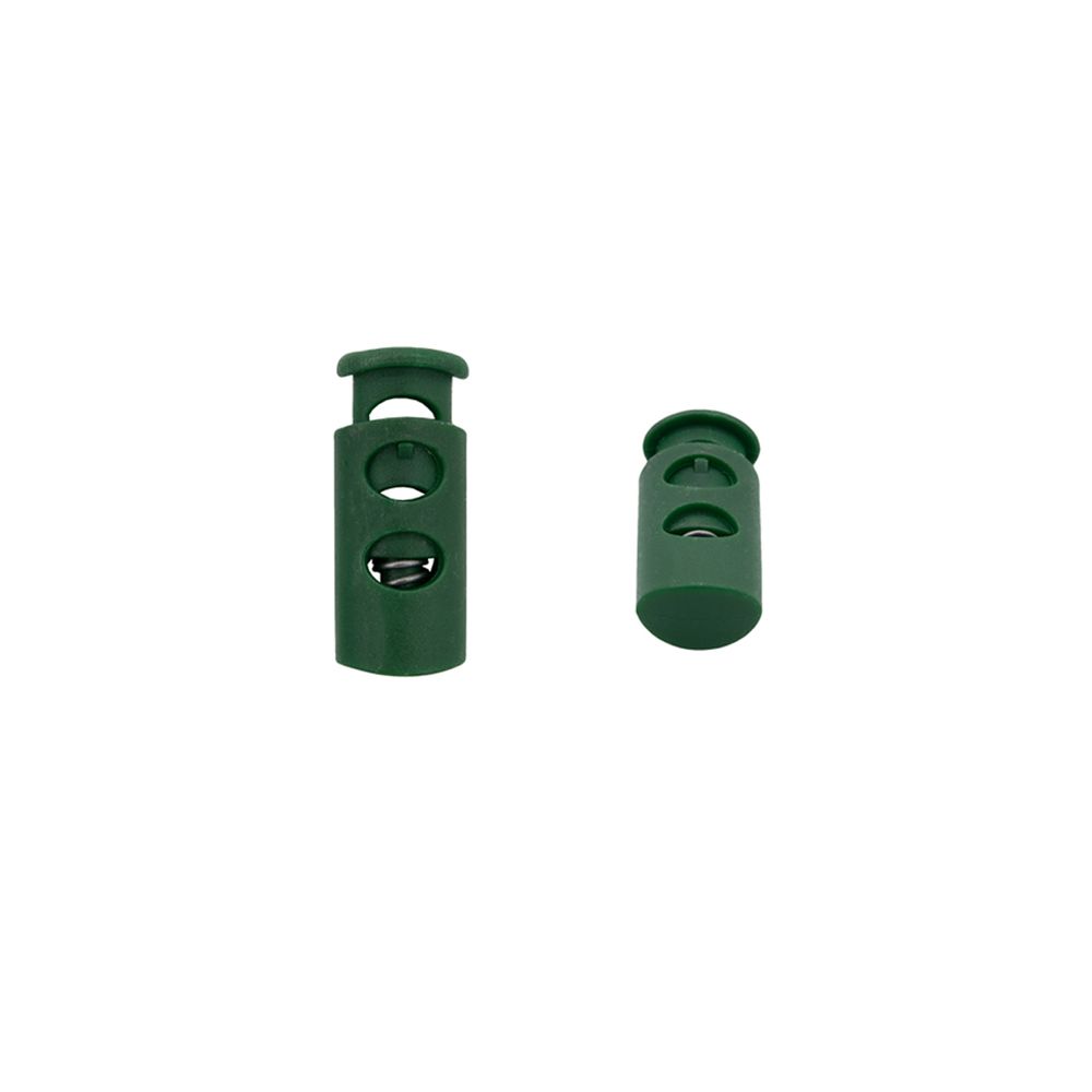 Фиксатор (стоппер-зажим) для шнура, цилиндр 2 отв. ⌀4 мм, 9х22 мм, 4шт, ПП Hobby Pro, т.зеленый