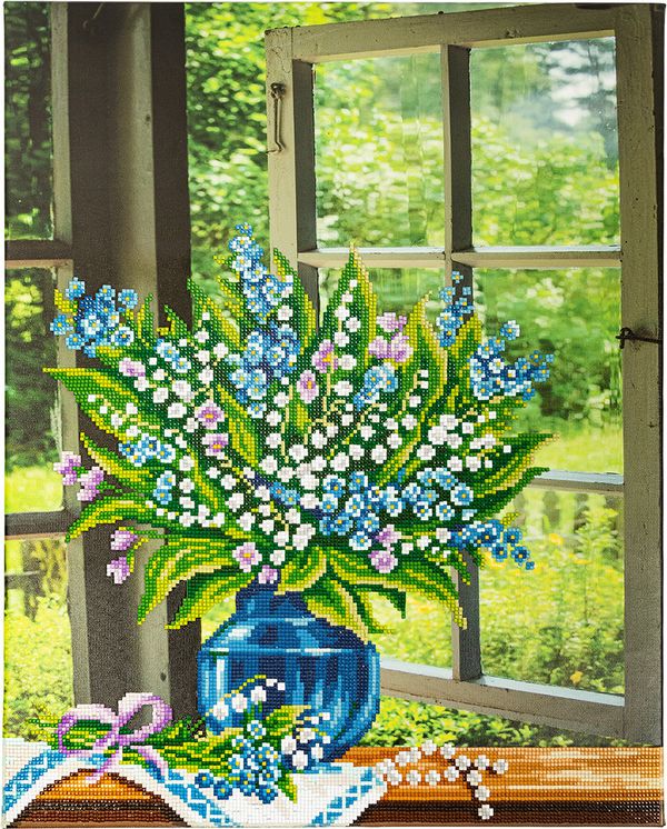 Алмазная (кристальная) мозаика Фрея, на подрамнике Ландыши на окне, 40х50 см