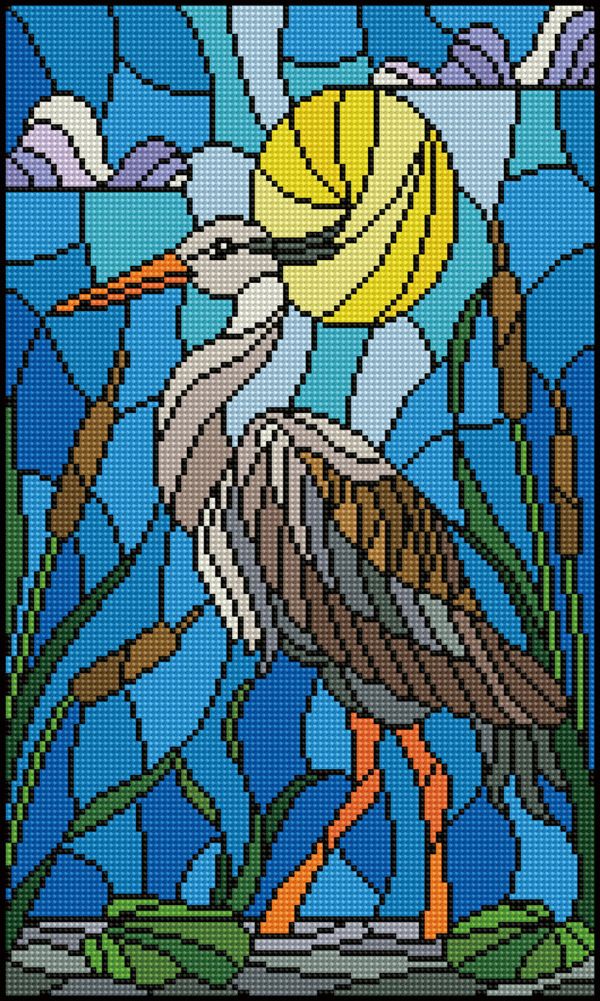 Алмазная (кристальная) мозаика Фрея, Цапля в камышах. Витраж, 30х50 см