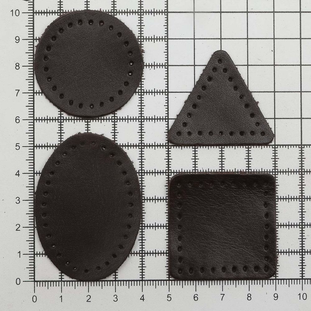 Набор заплаток пришивных из кожи, круг, квадрат, треугольник, овал 4см, с перфорацией, 4 шт (03 темно-коричневый), 9703