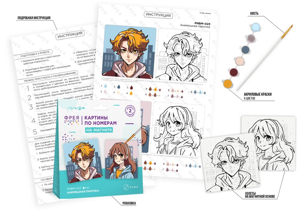 Картина по номерам Фрея PNBM-023, Анимешная парочка, (на магните) 9х9 см