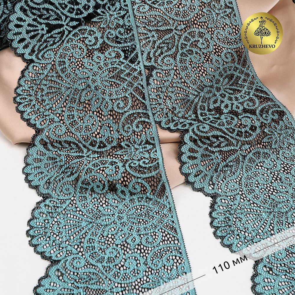 Кружево эластичное (стрейч) 110 мм, 40992PP цв.т.зеленый+св.зеленый уп.25м, Kruzhevo