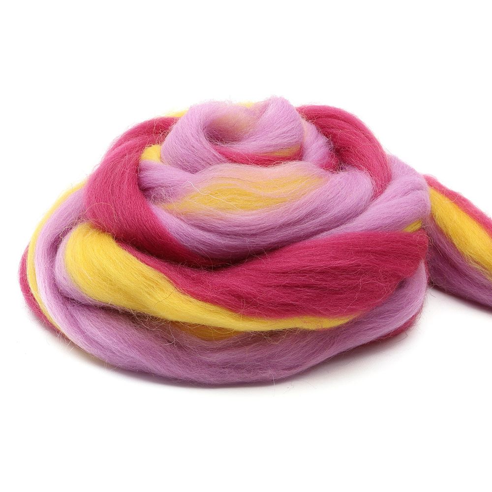 Шерсть для валяния полутонкая 100%, мультиколор, 100г, 1509 мультиколор, жёлтый/св.фиалка/т.цикламен