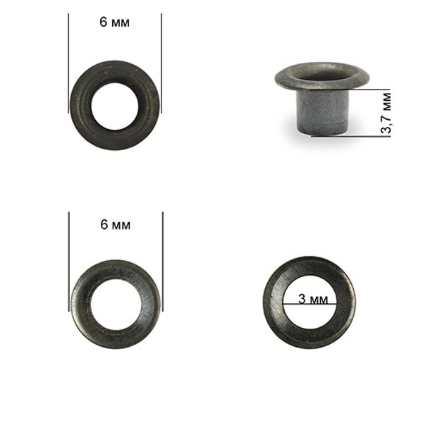 Люверсы металл ⌀_3.0 мм (внутр.), внешн. ⌀6.0 мм (внутр.), h3.7 мм (внутр.), №1.7, сталь, цв. оксид, 1000 шт, TBY