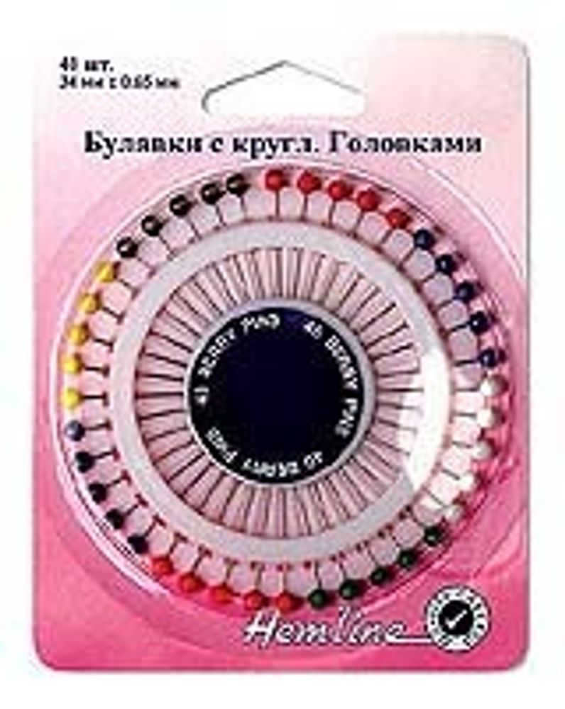 Булавки с круглыми пластиковыми головками 34 мм, Ягодка, 5х40шт, Hemline /TOS/