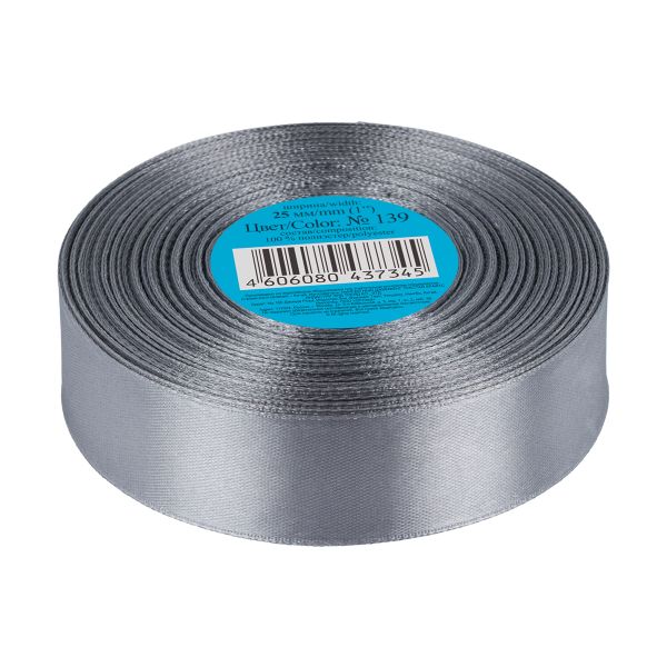 Лента атласная 1-сторонняя 25.0 мм / 33±2 метра, №139 серый, в термоплёнке, Gamma