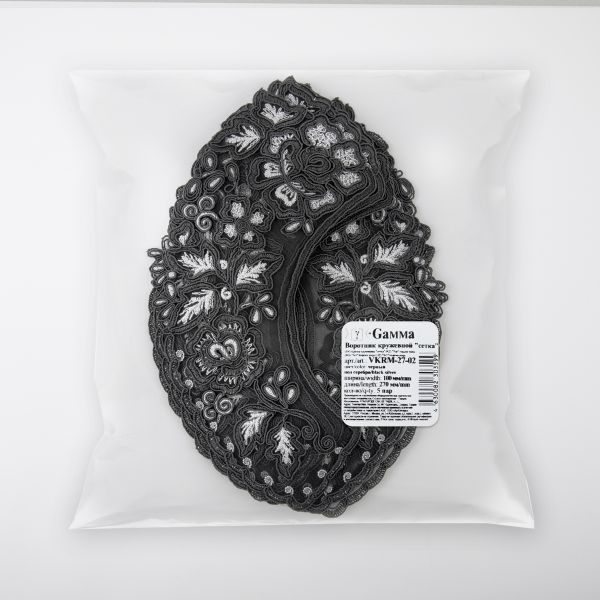 Пришивной кружевной воротник 100 мм, на сетке, 5 пар, Турция, черный/под серебро, Gamma VKRM-27-02