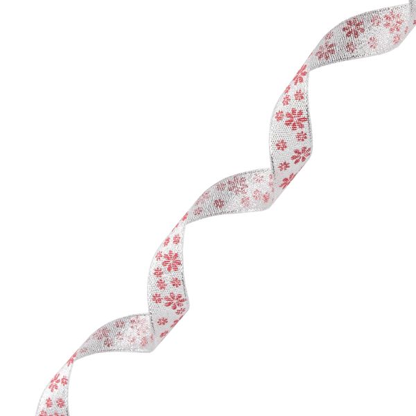 Лента декоративная Цветочки, DM-008, 15.0 мм / 32,9м серебро/красный