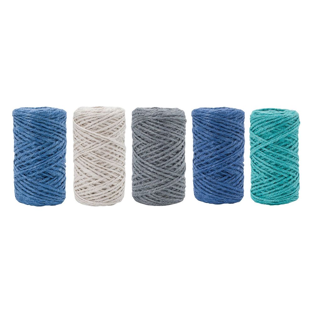 Шпагат джутовый ⌀1.4 мм / 50 метров (50 г), 2-ниточный, 1200 текс, евробобина, 5 шт, ассорти 1 (бирюзовый, синий, голубой, серый, белый)