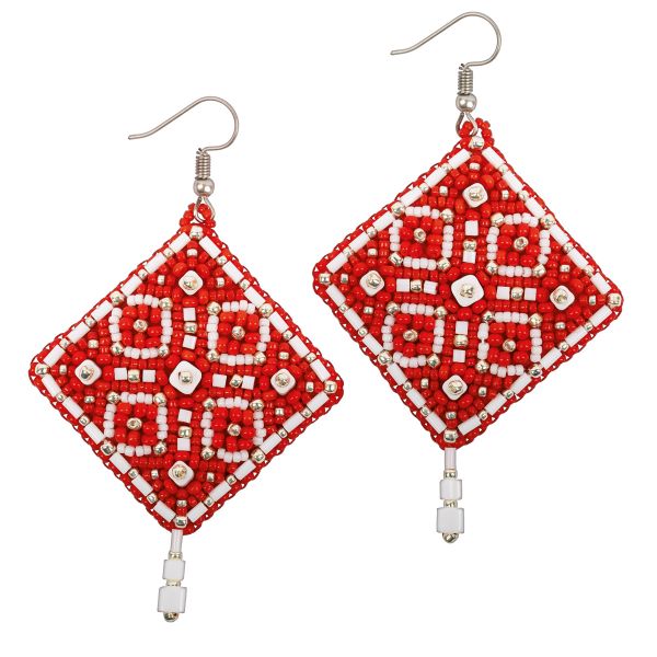 Набор для вышивания бисером Klart, серьги квадратные Красный орнамент, 4,5х4,5 см