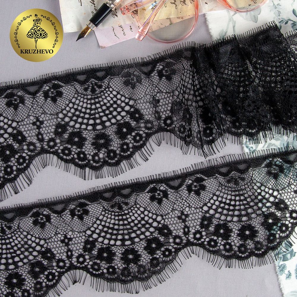 Кружево шантильи (реснички) 95 мм, диз. 225, цв.2 черный уп. 15 м, по 3 м, Kruzhevo