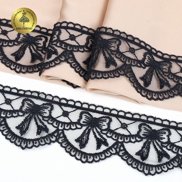 Кружево на сетке матовая нить с бантиками 60 мм, цв.т.синий, 10 метров, Kruzhevo