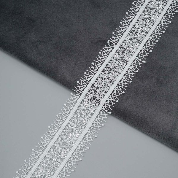 Кружево гипюр (плетёное) 35 мм, / 9.14 метра, с пайетками, белый
