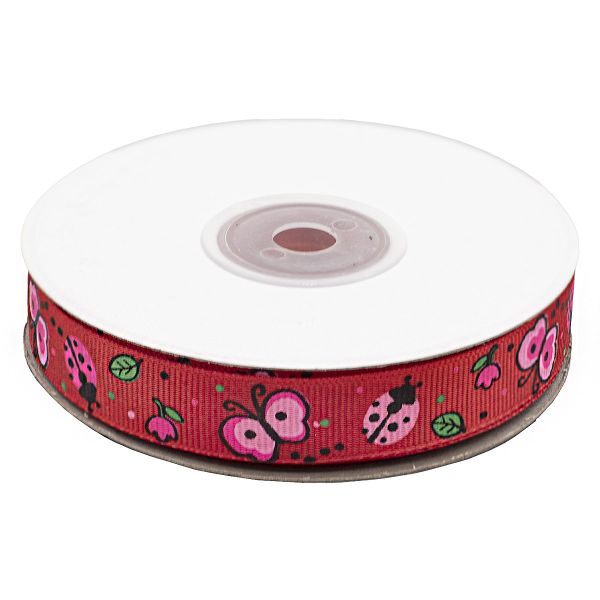 Лента репсовая (в рубчик) Бабочки и цветы 1,5см*22.86 м (красный)