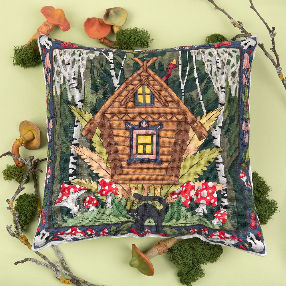 Набор для вышивания нитками Panna Золотая серия PD-7446, Подушка. Избушка Бабы Яги (лимитированная коллекция), 40х40 см