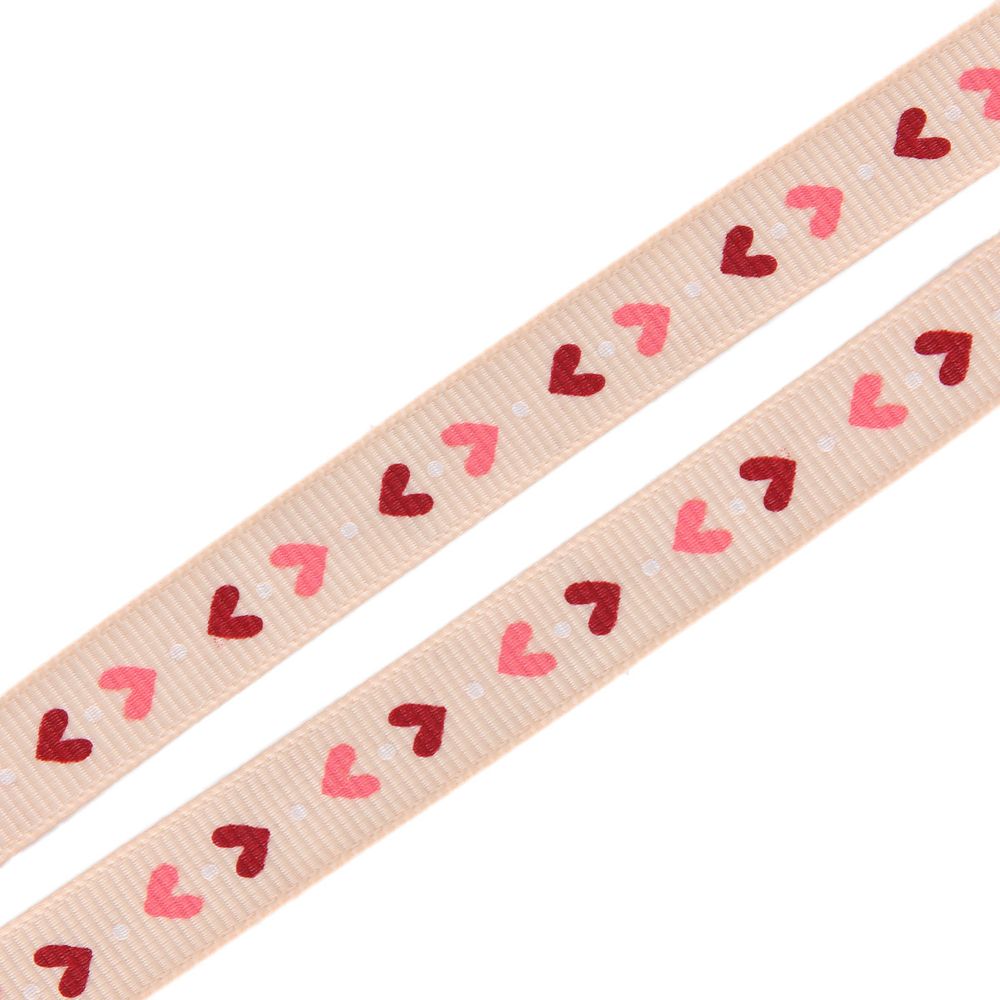 Лента репсовая (в рубчик) Орнамент Сердца, 10 мм, 3м, бежевый